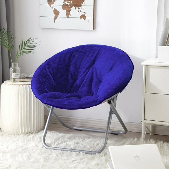Urban Shop Super Soft Faux Fur Saucer Chair with Folding Metal Frame, Navy, 29"X32"X22"