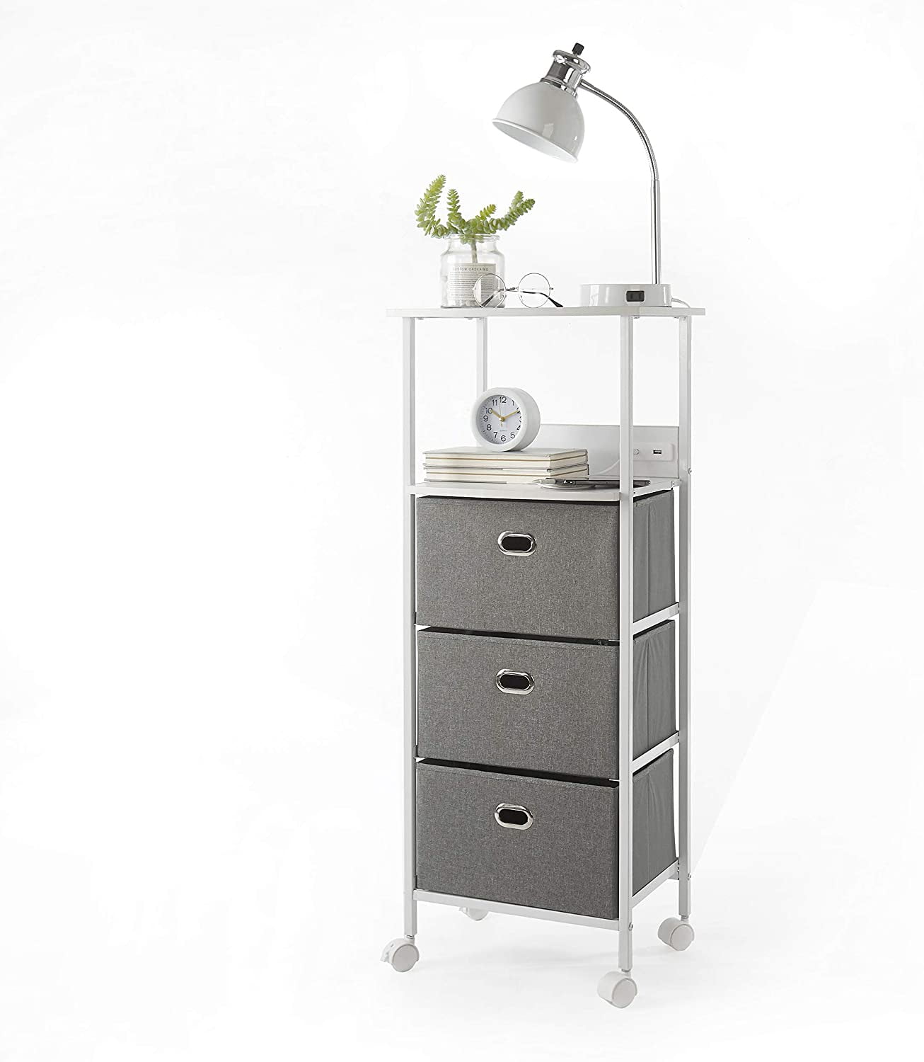Grey Tall Rolling Storage Cart with Charging Station and Fabric Drawers
