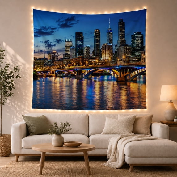Urban Skyline Night with Twilight Scattered Clouds Skyscrapers, Mystical Fantasy for Space Lovers, Galaxy Room Decor, Housewarming Gift, Tapestry Wall Hanging for Bedroom and Dorm