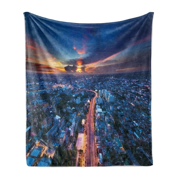 Urban Soft Flannel Fleece Blanket, Bangkok Skyline at Sunset Evening Thailand Cityscape Metropolis Architectural Photo, Cozy Plush for Indoor and Outdoor Use, 50" x 60", Blue Coral, by Ambesonne