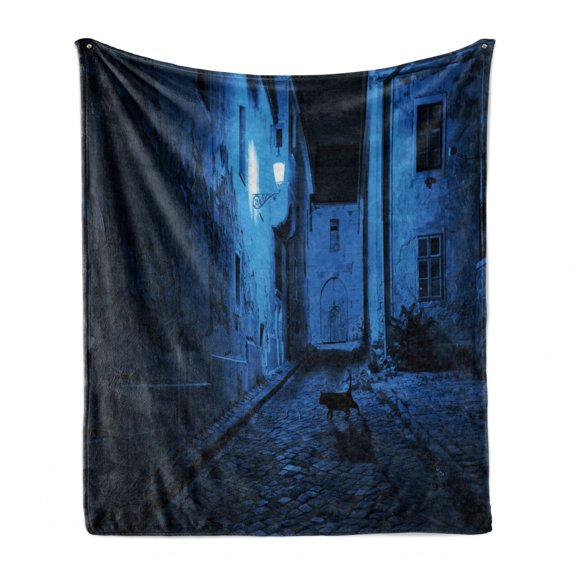 Urban Soft Flannel Fleece Blanket, Black Cat Crossing Deserted Street at Night Mysterious Old European Town Alley, Cozy Plush for Indoor and Outdoor Use, 70" x 90", Blue Black White, by Ambesonne