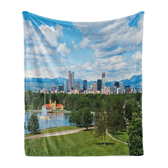 Urban Soft Flannel Fleece Blanket, City Park at Denver Colorado Downtown Tree and Architecture Sunny Panorama, Cozy Plush for Indoor and Outdoor Use, 60" x 80", Sky Blue Fern Green, by Ambesonne