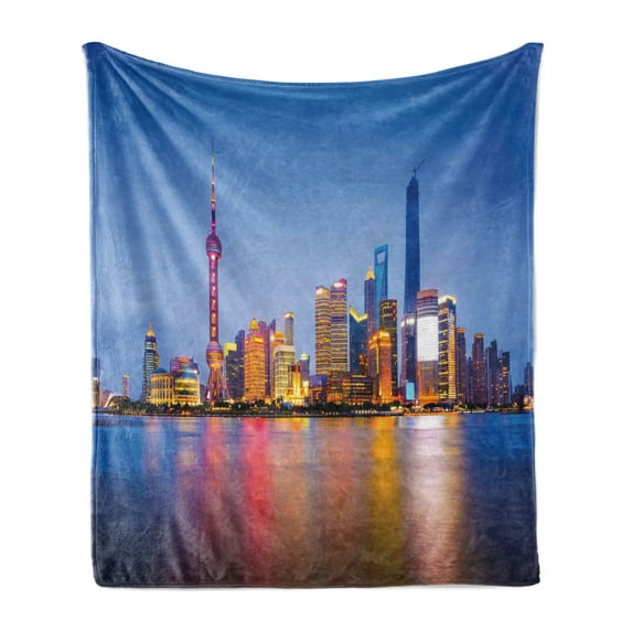 Urban Soft Flannel Fleece Blanket, City Skyline of Shanghai China on Huangpu River Dusk Famous Travel Destination, Cozy Plush for Indoor and Outdoor Use, 70" x 90", Blue Pink Yellow, by Ambesonne