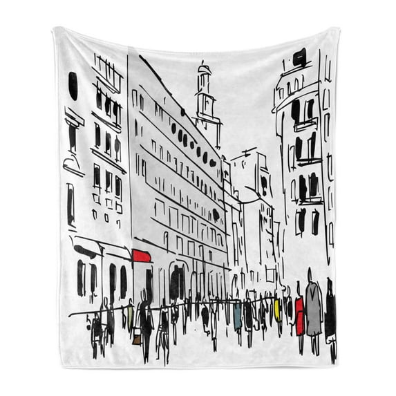 Urban Soft Flannel Fleece Blanket, Ink Illustration of Pedestrians on Busy Street with Buildings Modern Cityscape, Cozy Plush for Indoor and Outdoor Use, 50" x 70", Grey Black White, by Ambesonne