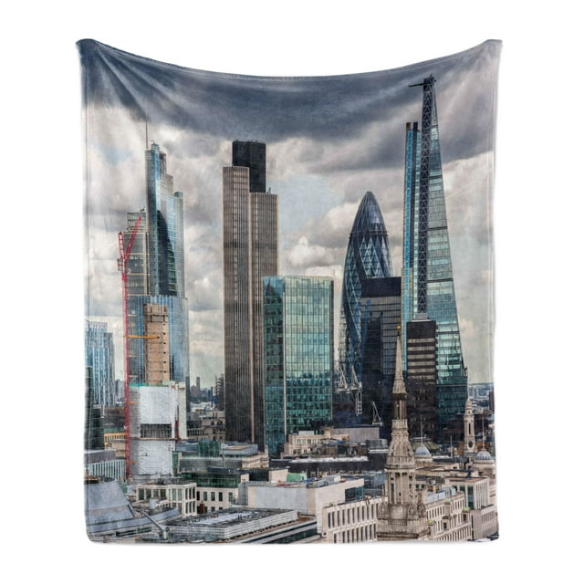 Urban Soft Flannel Fleece Blanket, London England Skyline Buildings and Skyscrapers and Cloudy Sky Modern Capital City, Cozy Plush for Indoor and Outdoor Use, 50" x 60", Multicolor, by Ambesonne