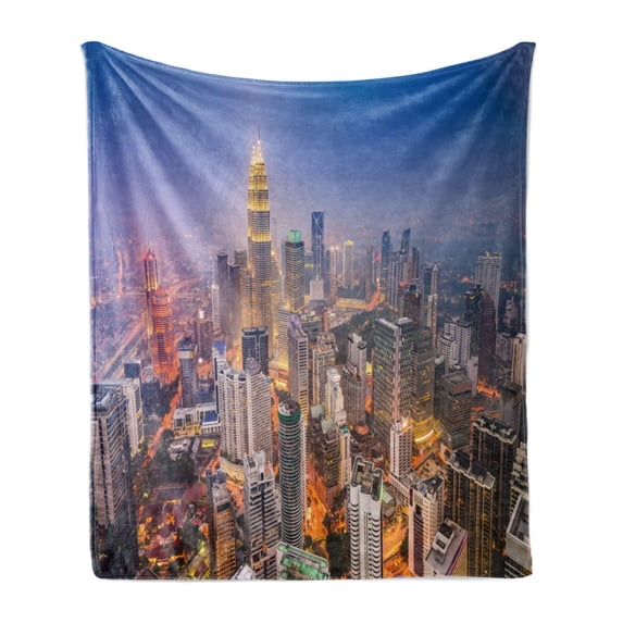 Urban Soft Flannel Fleece Blanket, Modern City Skyline Business District Skyscraper Towers Kuala Lumpur Malaysia, Cozy Plush for Indoor and Outdoor Use, 70" x 90", Orange Yellow Blue, by Ambesonne