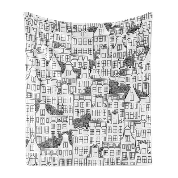 Urban Soft Flannel Fleece Blanket, Modern Illustration of Dutch Style European Houses Buildings Busy Urban Life Sketch, Cozy Plush for Indoor and Outdoor Use, 50" x 60", Black White, by Ambesonne