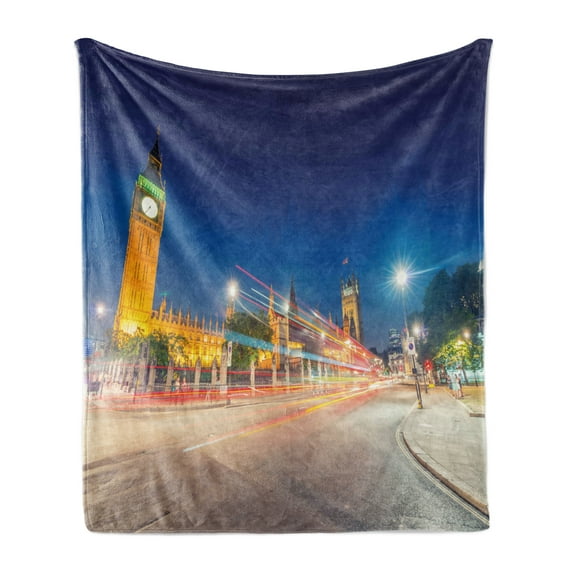 Urban Soft Flannel Fleece Blanket, Night View of Big Ben and Westminster Palace Parliament Square London England, Cozy Plush for Indoor and Outdoor Use, 50" x 70", Blue Grey Yellow, by Ambesonne