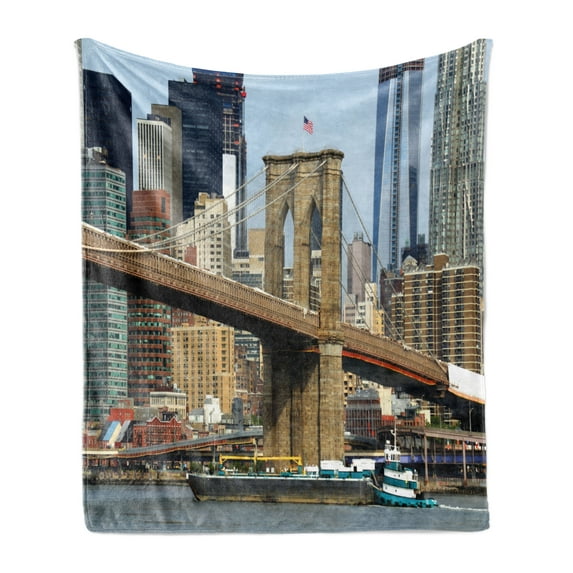 Urban Soft Flannel Fleece Blanket, Skyline of Brooklyn New York USA Cityscape Bridge Buildings and River Coastal Scenery, Cozy Plush for Indoor and Outdoor Use, 50" x 60", Multicolor, by Ambesonne