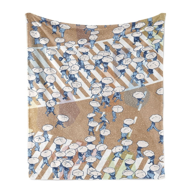 Urban Soft Flannel Fleece Throw Blanket, Angle View of People with Umbrellas Crossing Street Crowd Rush Print, Cozy Plush for Indoor and Outdoor Use, 60" x 80", Camel Purpleblue, by Ambesonne