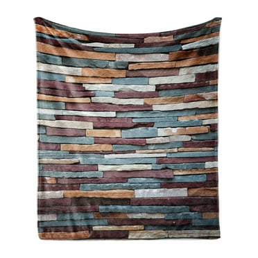 Urban Soft Flannel Fleece Throw Blanket, Colored Stone Surface Texture Background Retro Style Urban Brick Wall Image, Cozy Plush for Indoor and Outdoor Use, 70" x 90", Mauve Teal Ivory, by Ambesonne