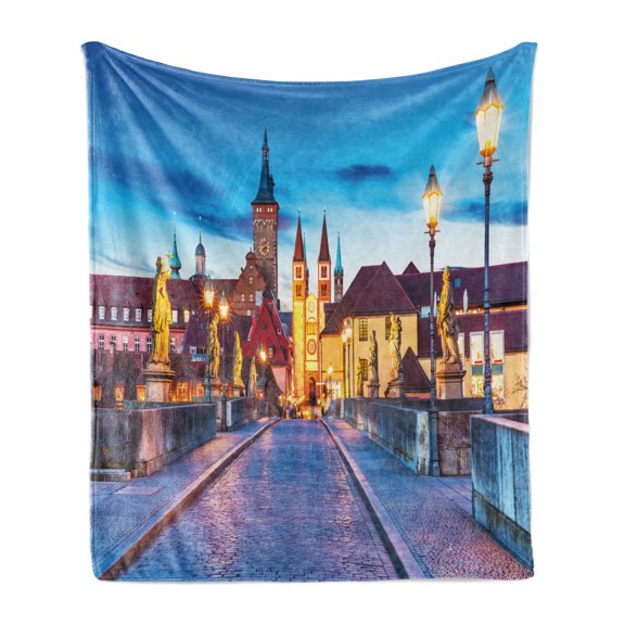 Urban Soft Flannel Fleece Throw Blanket, Colorful Sunset Evening View of Old Main Bridge in Historical Land Bavaria Germany, Cozy Plush for Indoor and Outdoor Use, 60" x 80", Multicolor, by Ambesonne