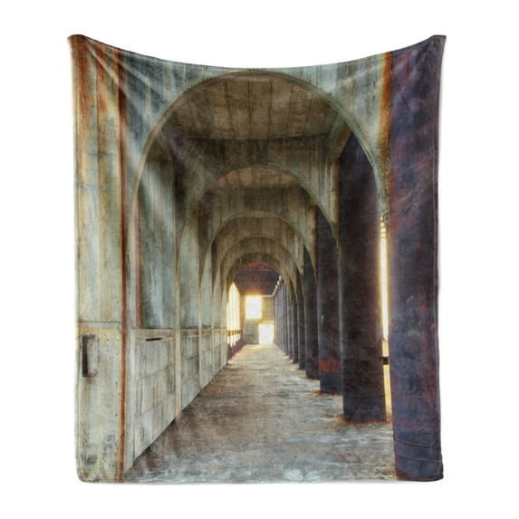 Urban Soft Flannel Fleece Throw Blanket, Corridor of Concrete Pillars Structure Urban Industrial Rustic Style Artwork, Cozy Plush for Indoor and Outdoor Use, 50" x 60", Purple Brown, by Ambesonne