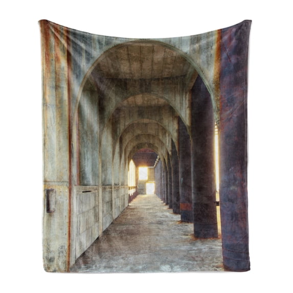 Urban Soft Flannel Fleece Throw Blanket, Corridor of Concrete Pillars Structure Urban Industrial Rustic Style Artwork, Cozy Plush for Indoor and Outdoor Use, 50" x 70", Purple Brown, by Ambesonne