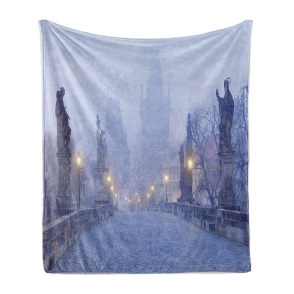 Urban Soft Flannel Fleece Throw Blanket, Czech Republic Prague Streets in Foggy Morning on Old Bridge, Cozy Plush for Indoor and Outdoor Use, 50" x 70", Purplegrey, by Ambesonne