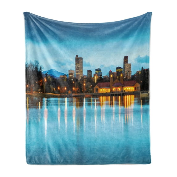Urban Soft Flannel Fleece Throw Blanket, Downtown Denver Ferril Lake Colorado at the Morning City Park Capital, Cozy Plush for Indoor and Outdoor Use, 60" x 80", Sky Blue Yellow Orange, by Ambesonne
