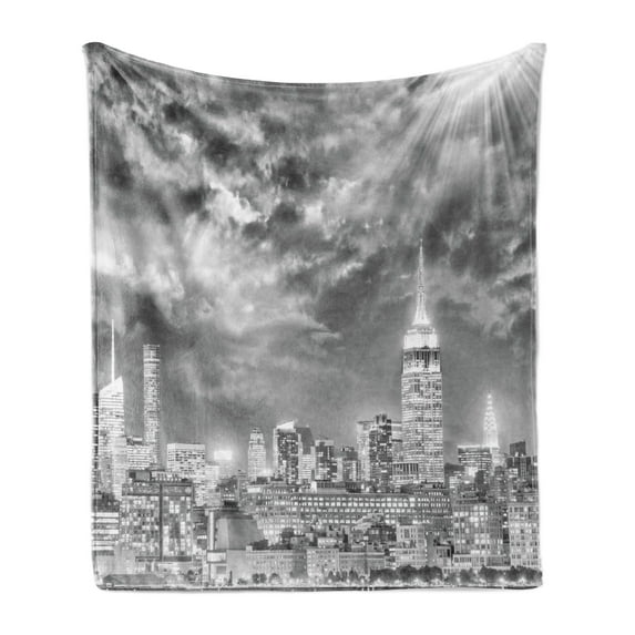 Urban Soft Flannel Fleece Throw Blanket, Dramatic New York City Skyline Sun Beams Clouds Skyscrapers Monochrome Landscape, Cozy Plush for Indoor and Outdoor Use, 70" x 90", Black White, by Ambesonne