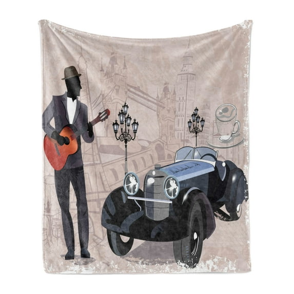 Urban Soft Flannel Fleece Throw Blanket, London and Paris Streets with Musicians Retro Cars Cafes Old Town View Print, Cozy Plush for Indoor and Outdoor Use, 50" x 70", Warm Taupe Black, by Ambesonne