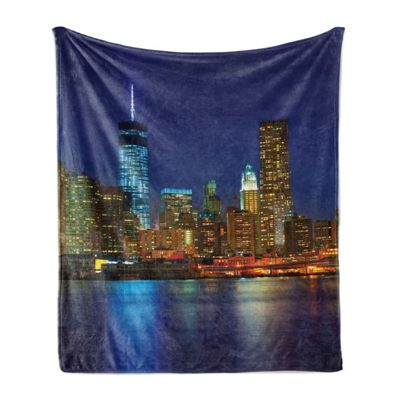 Urban Soft Flannel Fleece Throw Blanket, Manhattan Sunset Skyline Famous New York Cityscape High Rise Buildings Skyscrapers, Cozy Plush for Indoor and Outdoor Use, 60" x 80", Multicolor, by Ambesonne