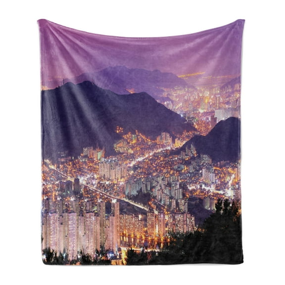 Urban Soft Flannel Fleece Throw Blanket, Skyline of Busan South Korea Modern Cityscape Lively Night Buildings and Hills, Cozy Plush for Indoor and Outdoor Use, 50" x 70", Purple Violet, by Ambesonne