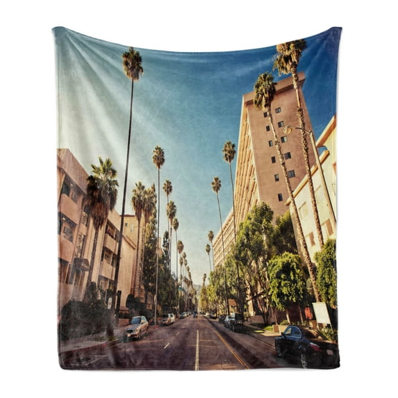 Urban Soft Flannel Fleece Throw Blanket, Street in Beverly Hills CaliforniPalm Trees Houses Famous City Photo, Cozy Plush for Indoor and Outdoor Use, 50" x 70", Pale Blue Peach Green, by Ambesonne