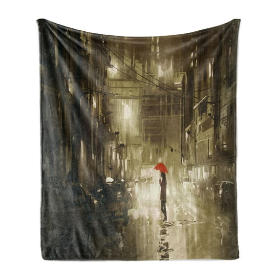 Urban Soft Flannel Fleece Throw Blanket, Woman with Red Umbrella in Street at Rainy Night in Town Shadow Urban Scenery Artwork, Cozy Plush for Indoor and Outdoor Use, 60" x 80", Sepia, by Ambesonne