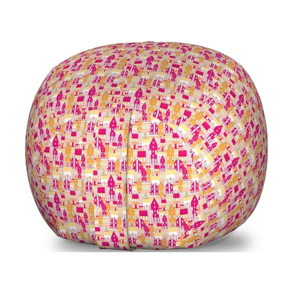 Urban Storage Toy Bag Chair, City Architecture Minimalistic Northern Houses with Round Windows Print, Stuffed Animal Organizer Washable Bag, Large Size, Marigold Magenta Blush, by Ambesonne