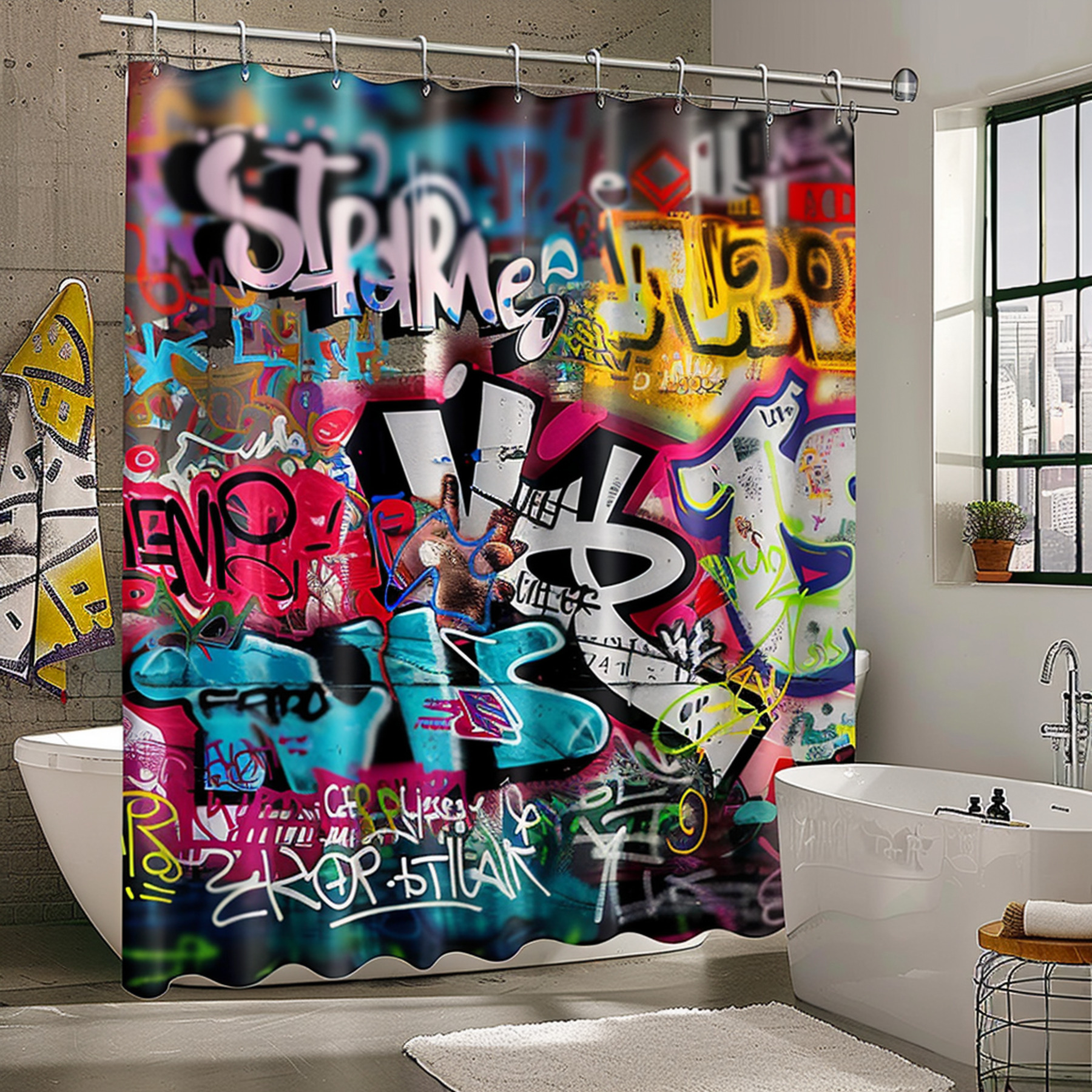 Urban Street Art Graffiti Shower Curtain Vibrant Tags and Labels Design for an Edgy Bathroom