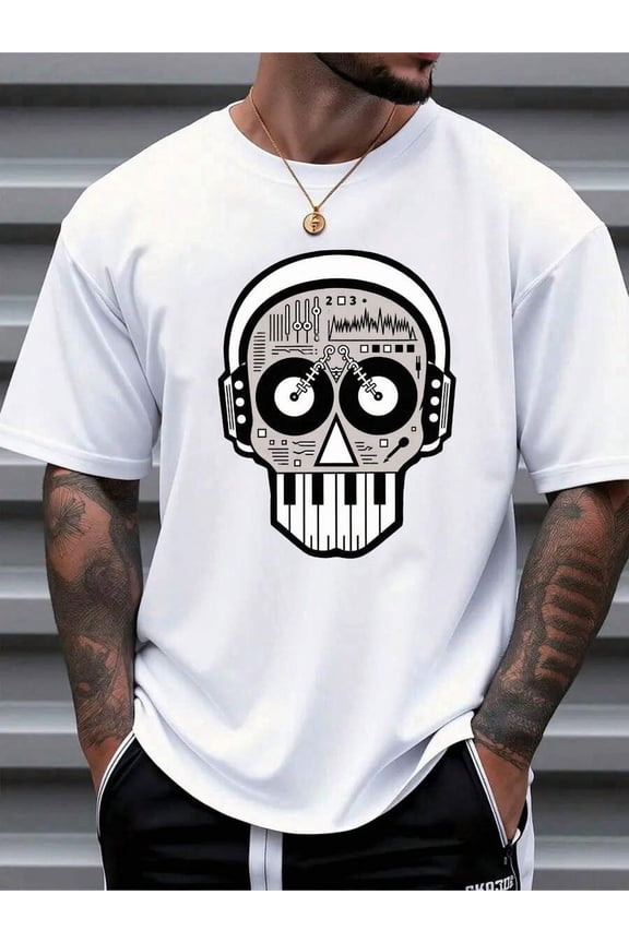 Urban Streetwear Music Tee | DJ Skeleton Graphic Shirt, Bold Monochrome Design for Musicians & Casual Outings