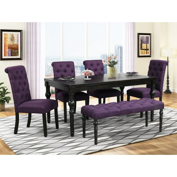 Urban Style Dark Wash Wood Dining - Rectangular Table, 4 Chairs, Bench. Seating. 65"x38"x30" 18"x26"x39.2" 48"x16"x19.5" Bench Solid Frame, Black Legs.