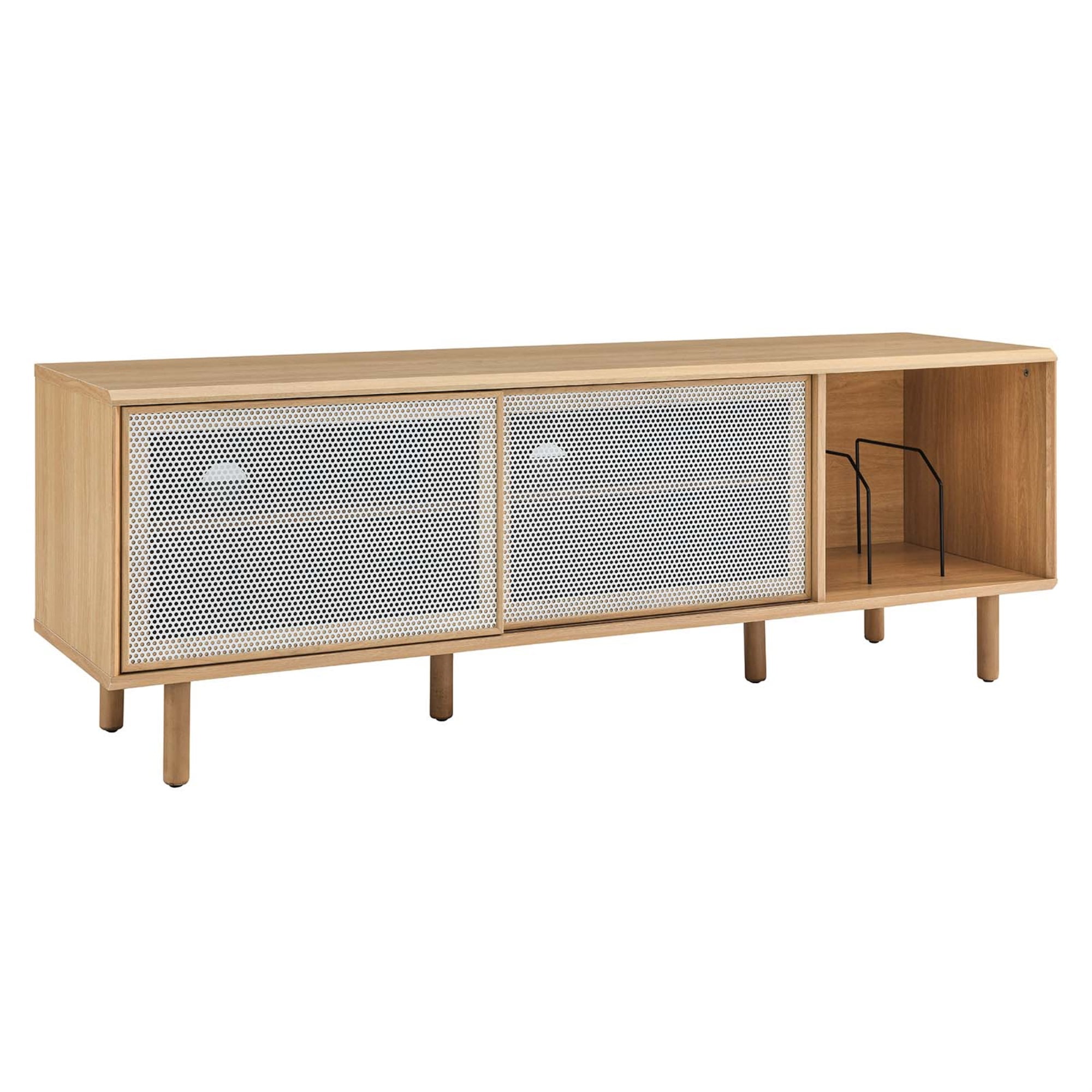 Walnut 67" TV and Vinyl Record Stand with Metal Mesh Doors