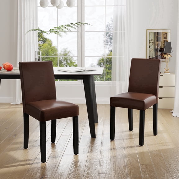 Urban Style PU Leatherette Upholstered Wooden Parsons Dining Chairs, Brown, Set of 2