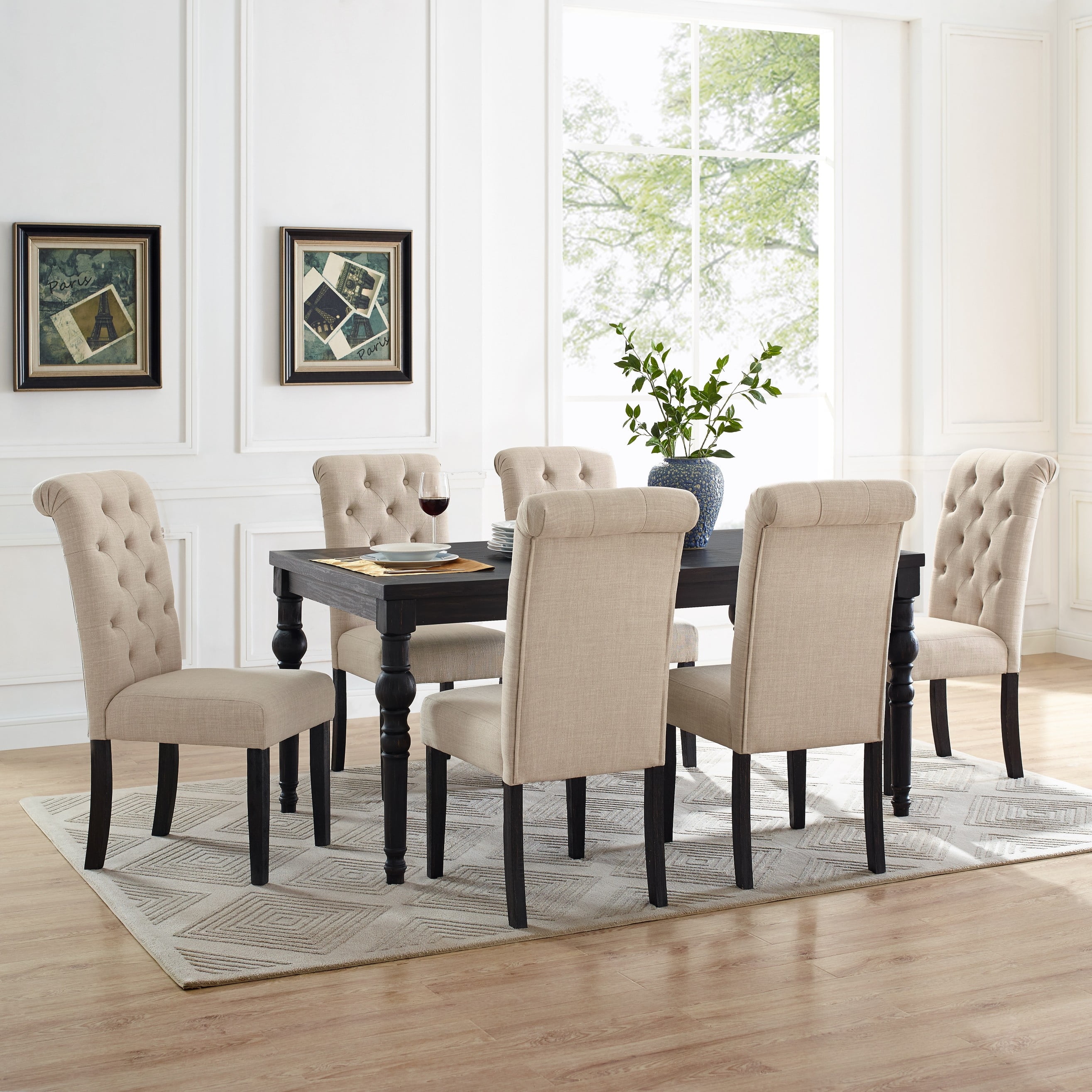 Urban Style Wood Dining Set Dark Wash Table & 6 Chairs