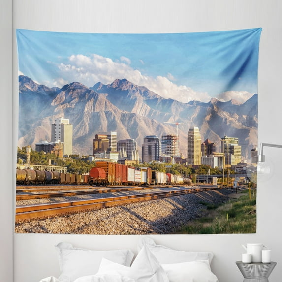 Urban Tapestry, Downtown Salt Lake City Skyline in Utah USA Railroads Mountains Buildings Urban, Fabric Wall Hanging Decor for Bedroom Living Room Dorm, 5 Sizes, Multicolor, by Ambesonne
