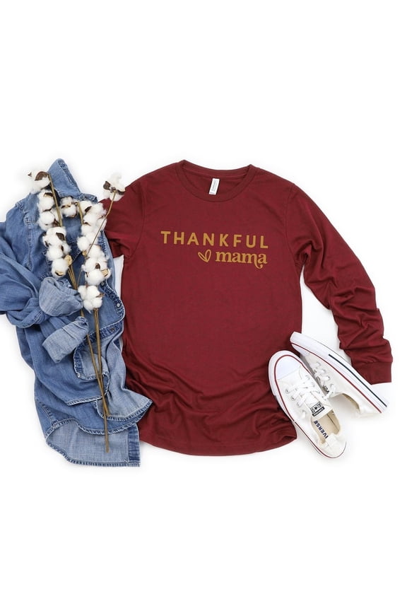 Thankful Mama Bold Heart Long Sleeve Tee Maroon - L