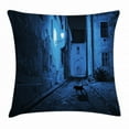 thumbnail image 1 of Urban Throw Pillow Cushion Cover, Black Cat Crossing Deserted Street at Night Mysterious Old European Town Alley, Decorative Square Accent Pillow Case, 24 X 24 Inches, Blue Black White, by Ambesonne, 1 of 2