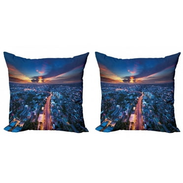 Ambesonne Urban Throw Pillow Cover 2 Pack, Bangkok Thailand Skyline, 20", Blue Coral
