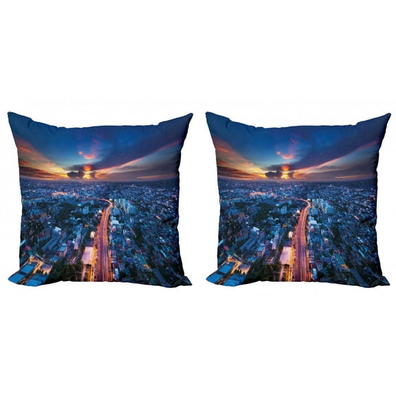 Ambesonne Urban Throw Pillow Cover 2 Pack, Bangkok Thailand Skyline, 18", Blue Coral
