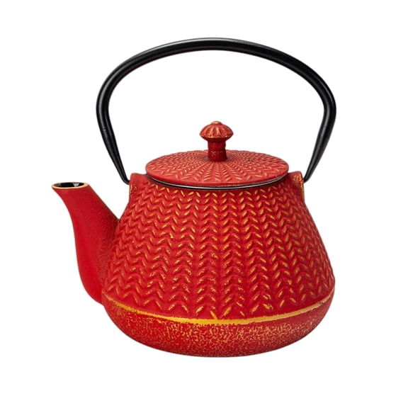 Urban Tokyo 32 fl oz Cast Iron Teapot Japanese Style Red Tetsubin Tea Kettle with Chevron Pattern, Stainless Steel Infuser, Stovetop Safe, Red with Gold Accents, Excellent Heat Retention