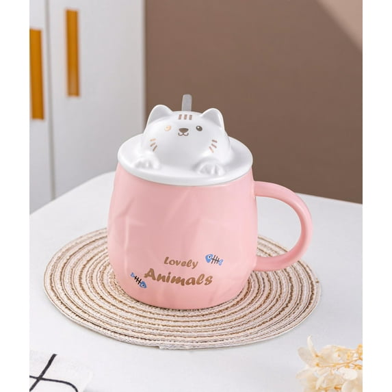 Urban Tokyo Cat Mug Adorable Coffee Mug Ceramic Cup Novelty Mug with Lid and Stainless Steel Spoon 14 fl oz Lovely Kitten Neko (Pink)