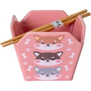 Urban Tokyo Chinese Takeout Box Style Porcelain Bowl With Chopsticks 18 fl oz Square Box Shape Rice Noodles Pasta To Go Box Shaped Bowl Microwave Dishwasher Safe Shiba Inu