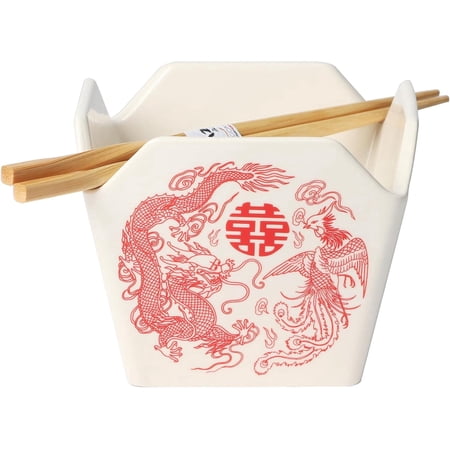 Urban Tokyo Chinese Takeout Box Style Porcelain Bowl With Chopsticks 18 fl oz Square Box Shape Rice Noodles Pasta To Go Box Shaped Bowl Microwave Dishwasher Safe (Phoenix & Dragon)