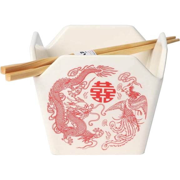Urban Tokyo Chinese Takeout Box Style Porcelain Bowl With Chopsticks 18 fl oz Square Box Shape Rice Noodles Pasta To Go Box Shaped Bowl Microwave Dishwasher Safe (Phoenix & Dragon)