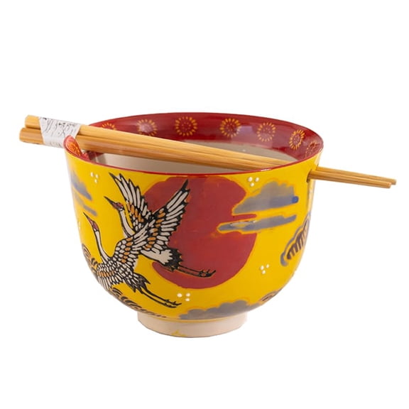 Urban Tokyo Handpainted Ceramic Glazed Japanese Ramen Udon Noodle Rice Bowl With Chopsticks 20 fl oz 5 inch Diameter Bowl Sets Color Box Packaging (Crane and Moon Design)