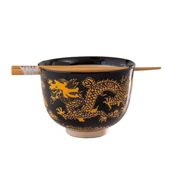 Urban Tokyo Handpainted Ceramic Glazed Japanese Ramen Udon Noodle Rice Bowl With Chopsticks 20 fl oz 5 inch Diameter Bowl Sets Color Box Packaging (Oriental Dragon Black)