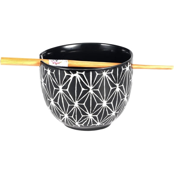 Urban Tokyo Japanese Asanoha Hemp Leaf Motif Design Bowl with Chopsticks, Geometric Pattern, 5 Inch Diameter x 3.75 Inch Height, 18 fl oz (Black)
