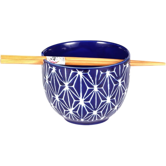 Urban Tokyo Japanese Asanoha Hemp Leaf Motif Design Bowl with Chopsticks, Geometric Pattern, 5 Inch Diameter x 3.75 Inch Height, 18 fl oz (Navy Blue)