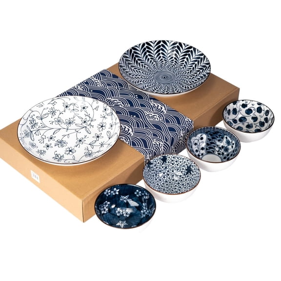 Urban Tokyo Japanese Ceramic Rice Bowls and Plates Set, Blue and White Floral and Wave Patterns, 6 Piece Set, Microwave and Dishwasher Safe