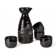 Urban Tokyo Japanese Sake 5 Piece Set Include 1 Sake Bottle and 4 Cups for Hot or Cold Sake Home or Restaurant Use Reactive Glazed Ceramic Black Matte Gloss