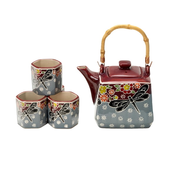 Urban Tokyo Japanese Style Cube Shape 20oz Porcelain Tea Set Teapot with Strainer, Wooden Handle and 4 Hexagon Tea Cups, Dragonfly Tombo Floral Design